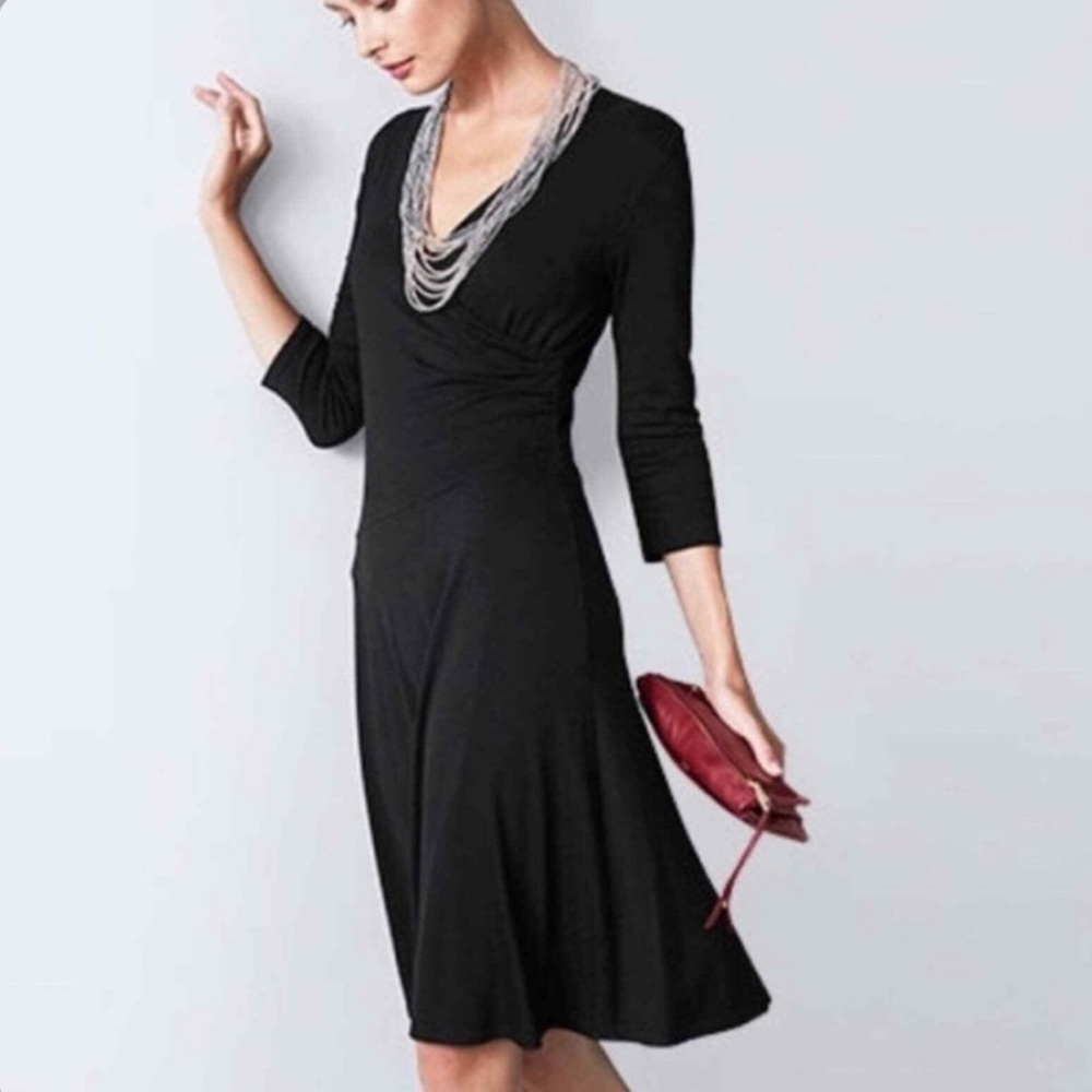 NEW Garnet Hill Women’s Brianna Surplice Knit Dress Black Large Faux Wrap Tencel